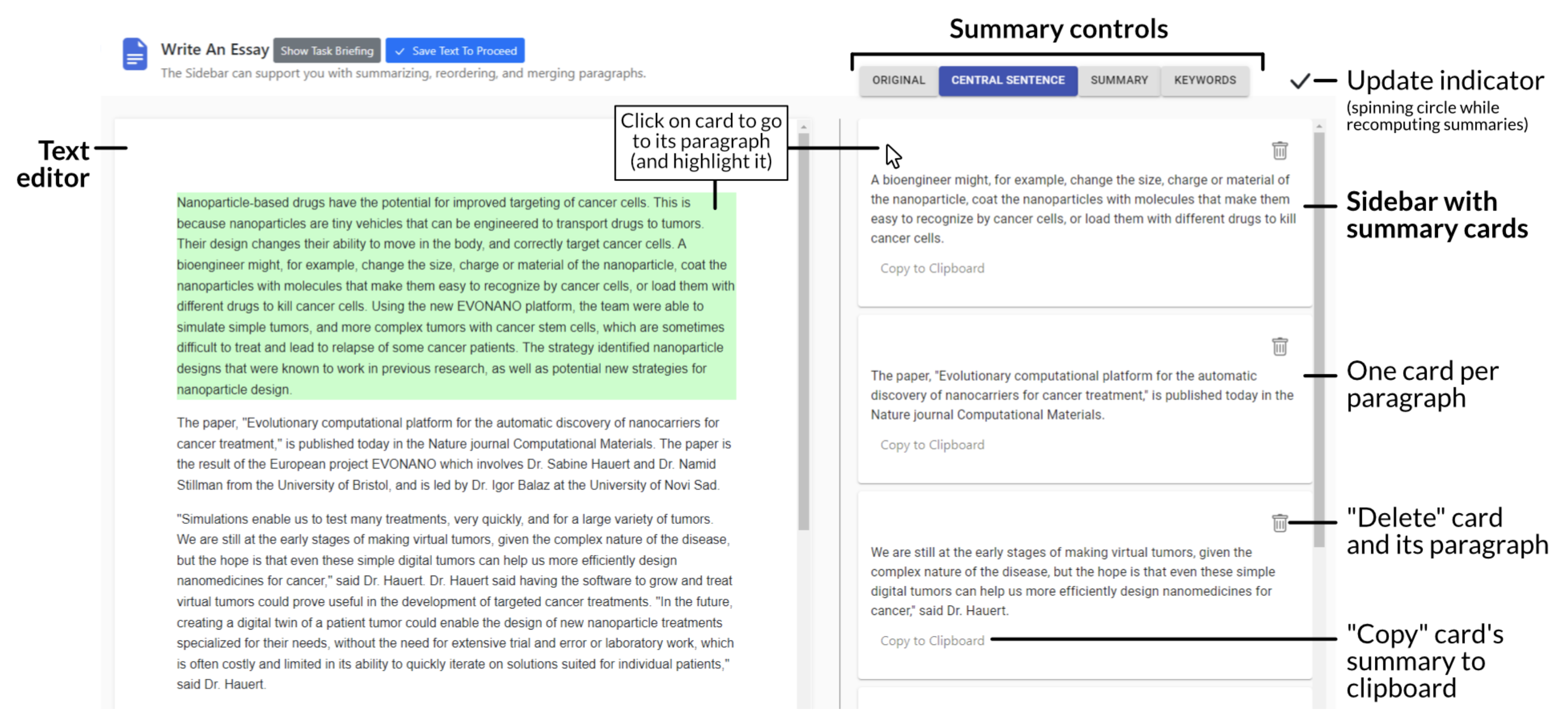 Beyond Text Generation: Supporting Writers with Continuous Automatic Text Summaries teaser