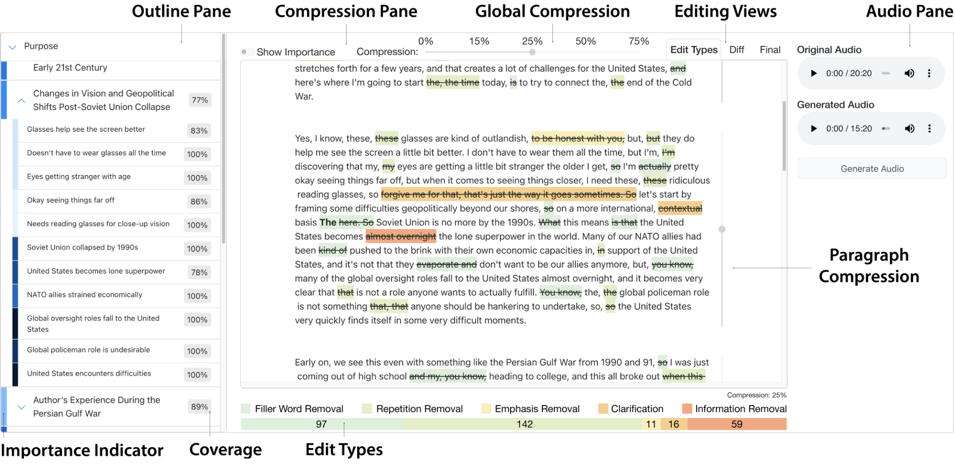 TalkLess: Blending Extractive and Abstractive Speech Summarization for Editing Speech to Preserve Content and Style teaser